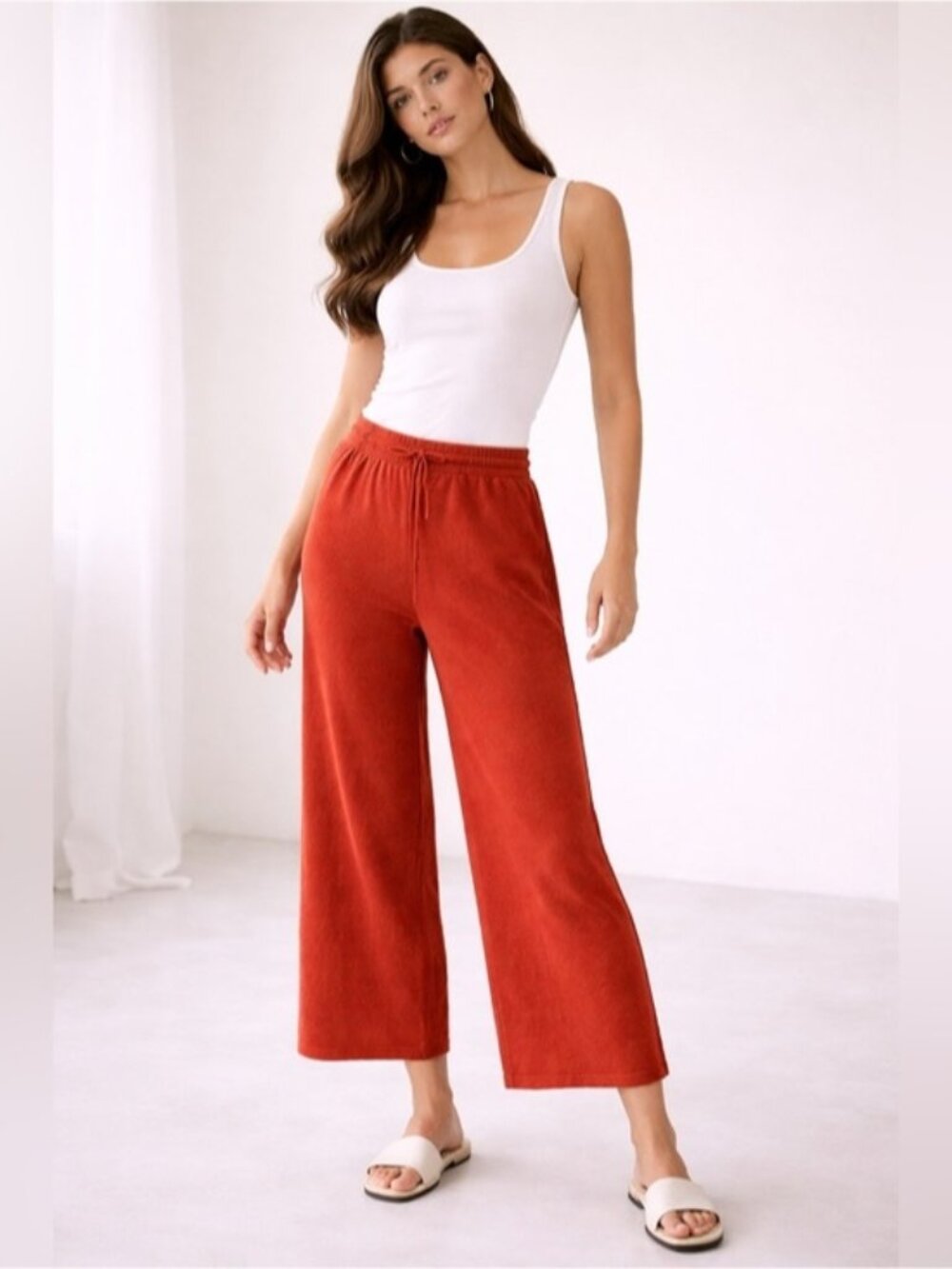 Rust Wide Leg Knit Pants Drawstring Waist Cropped Women’s Xs/S